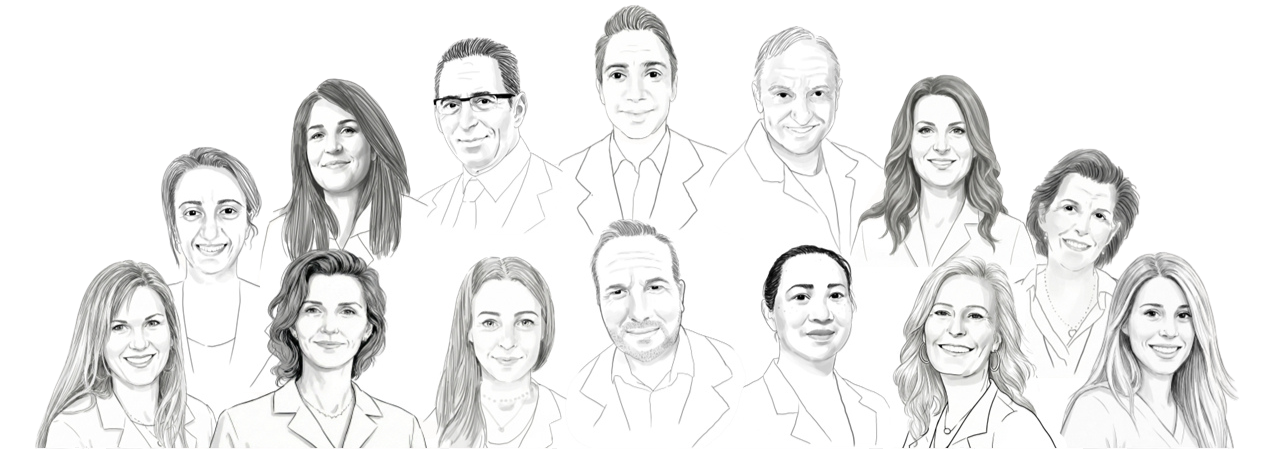 Black and white digital sketches of fourteen diverse professionals, mostly wearing suits and smiling, arranged in two rows.