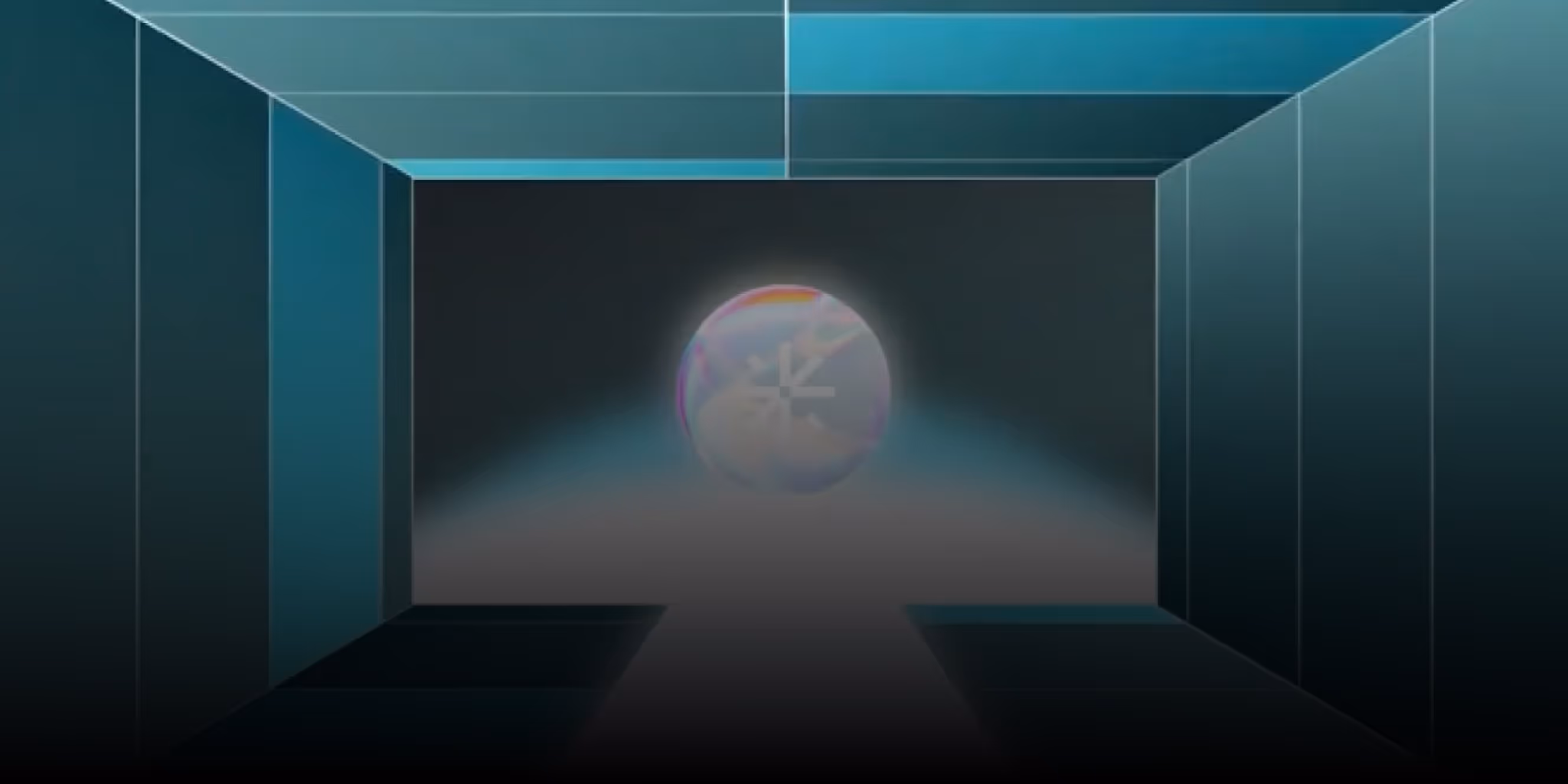 Glowing iridescent sphere emitting light in a dark, futuristic tunnel with blue highlights.