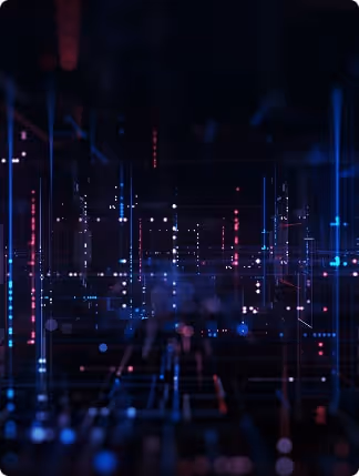 Abstract digital network with vertical glowing lines and scattered dots in blue and red on a dark background.