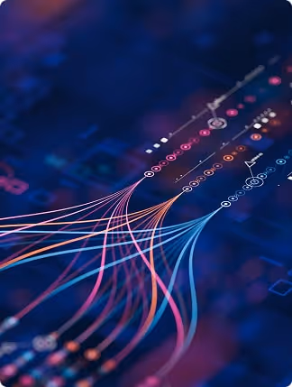 Abstract digital data visualization with interconnected glowing lines and nodes on a dark blue background.