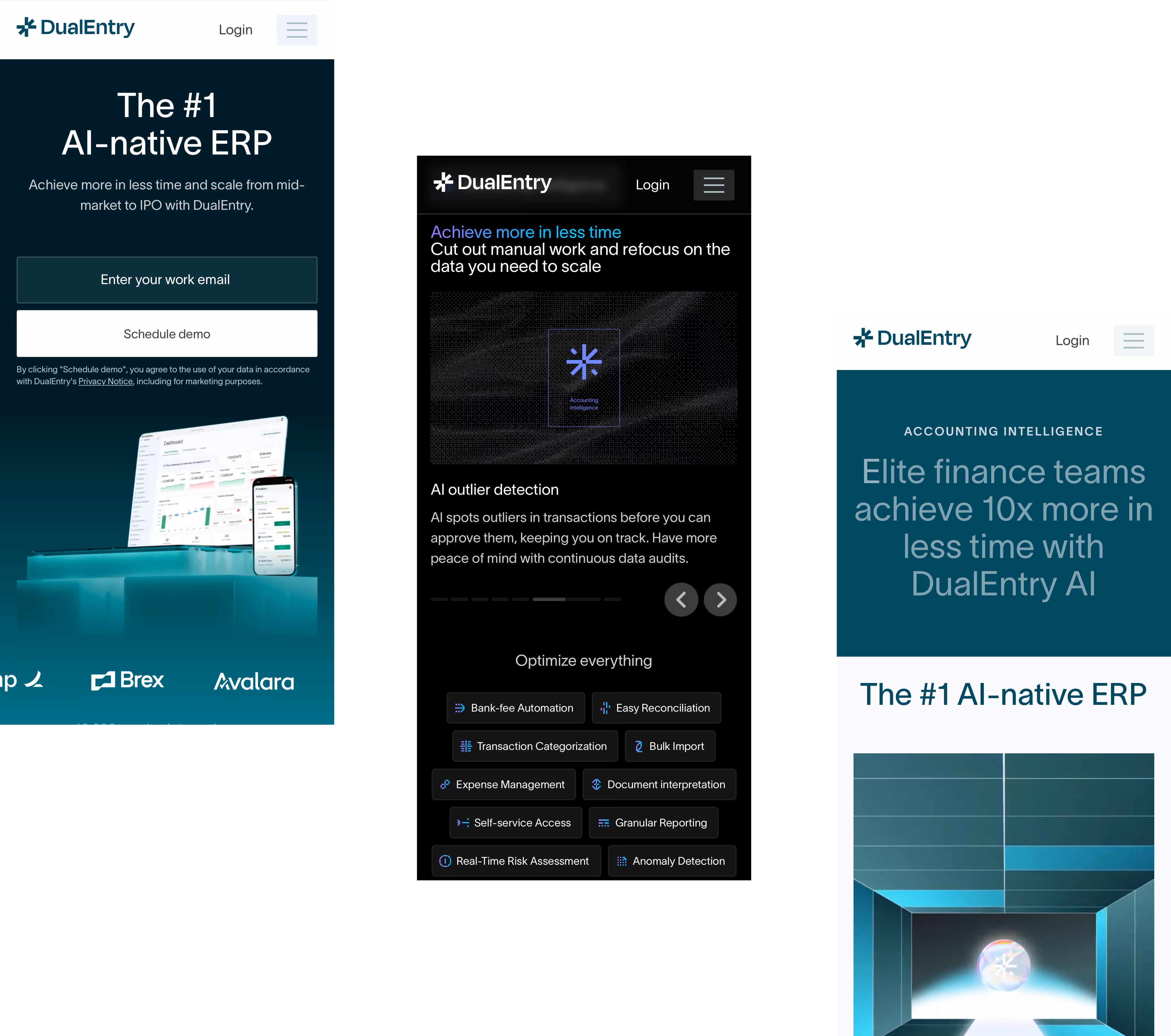 DualEntry website showcasing AI-native ERP features including email sign-up, AI outlier detection, and benefits for elite finance teams with 10x efficiency.