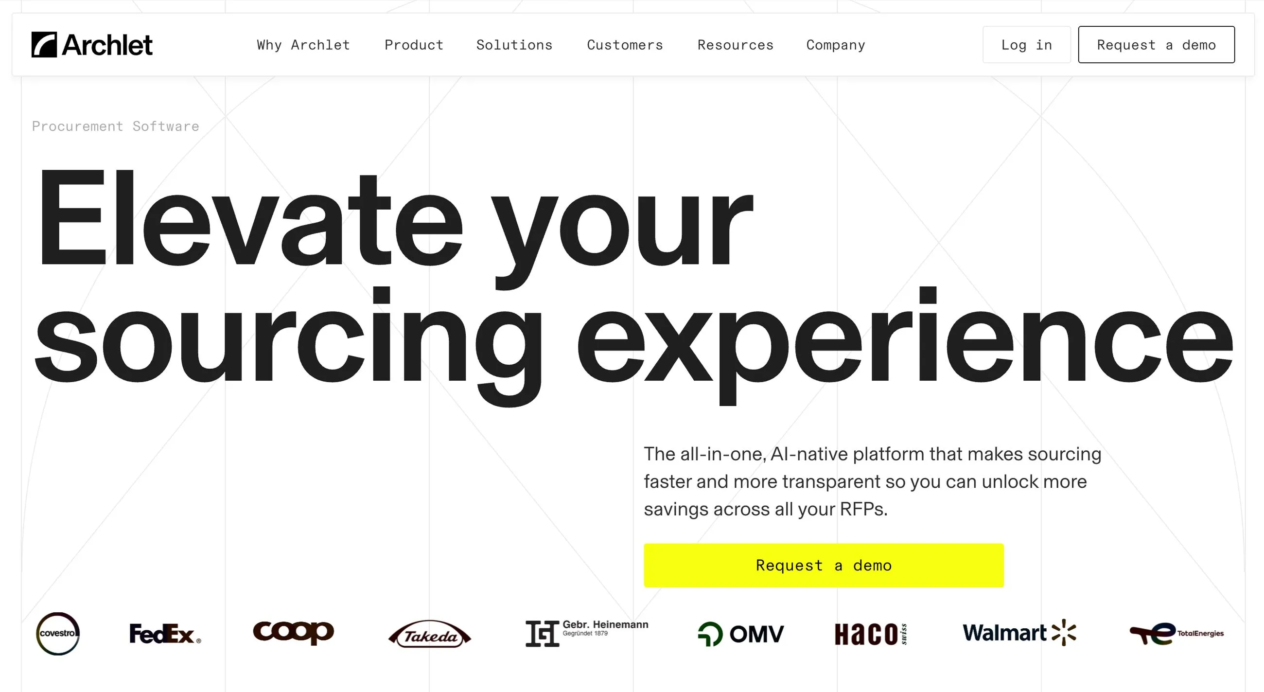 Archlet homepage with header menu, headline 'Elevate your sourcing experience,' a brief AI sourcing platform description, a yellow 'Request a demo' button, and logos of clients including Covestro, FedEx, Coop, Takeda, Gebr. Heinemann, OMV, Haco, Walmart, and TotalEnergies.