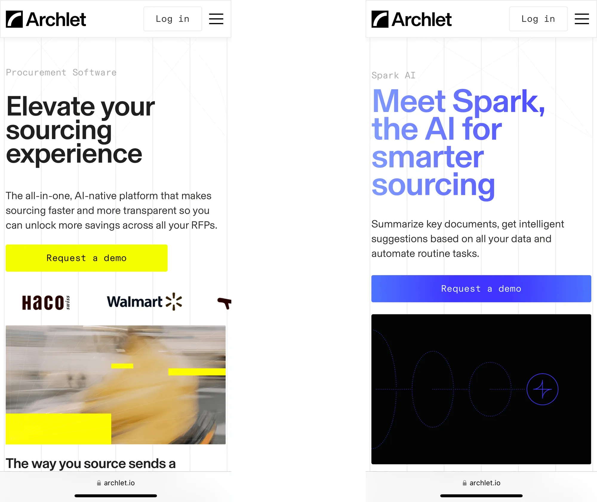 Two side-by-side screenshots of Archlet's website showing sourcing and AI software offers with text, request demo buttons, and client logos.