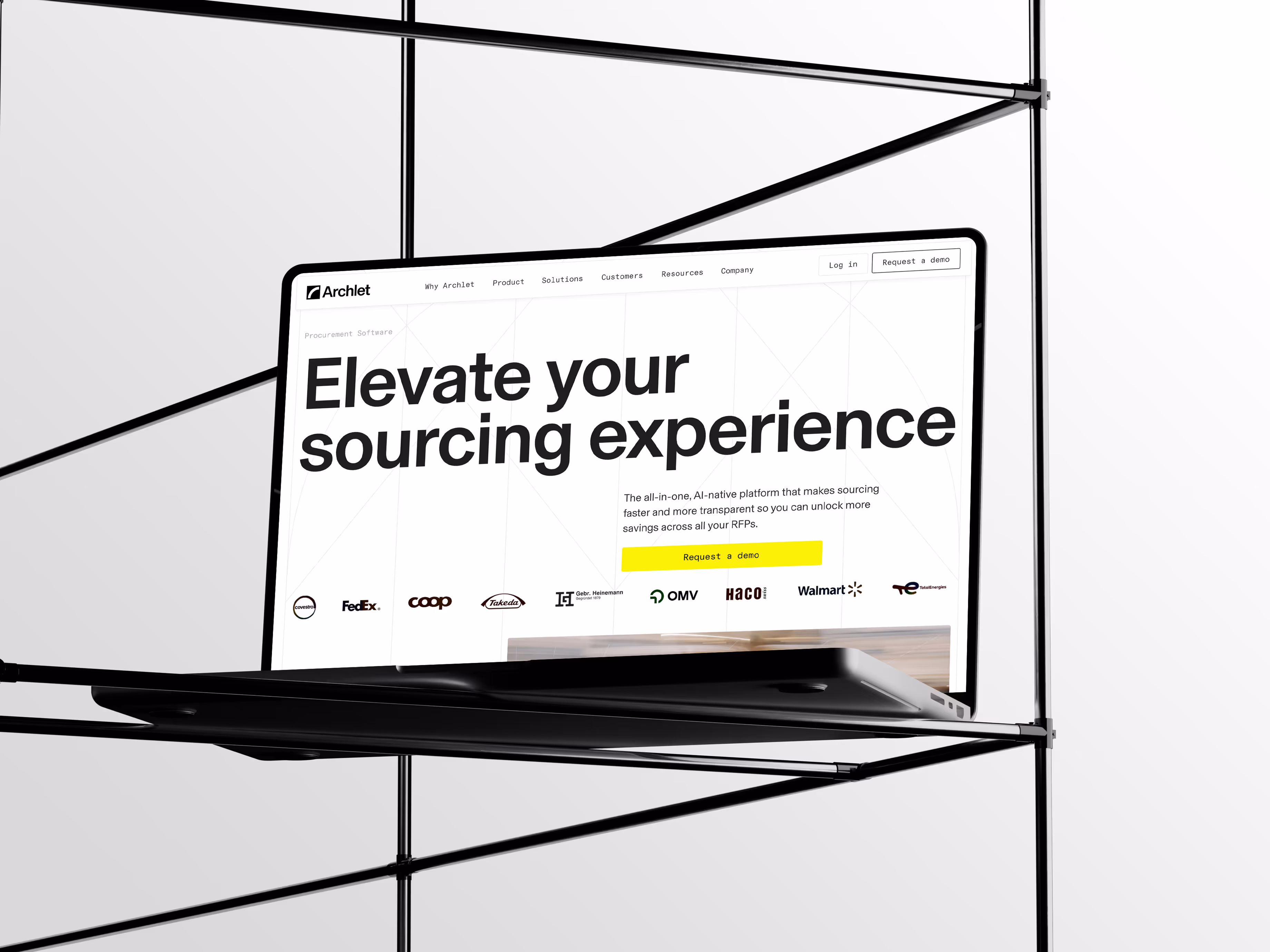 Laptop screen displaying Archlet website with text 'Elevate your sourcing experience' and a yellow 'Request a demo' button.