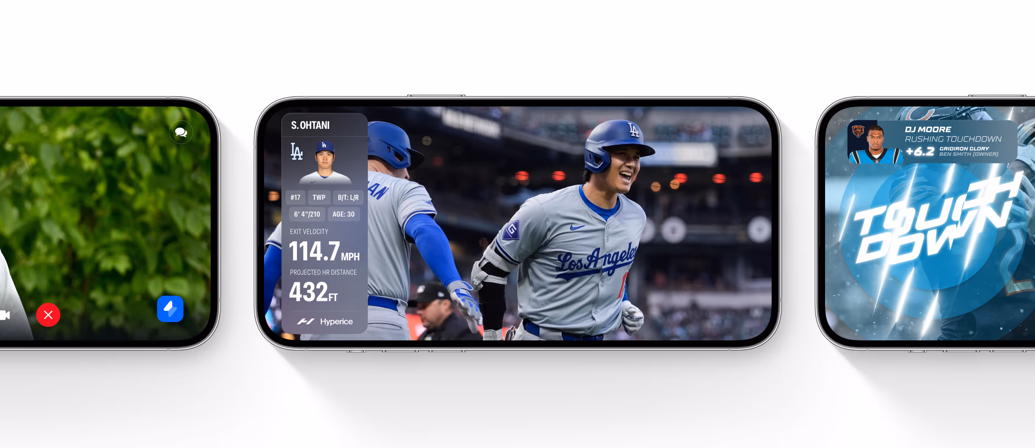 Smartphone screen showing baseball player S. Ohtani celebrating with teammate in Los Angeles Dodgers uniform and baseball stats overlay including exit velocity and projected home run distance.