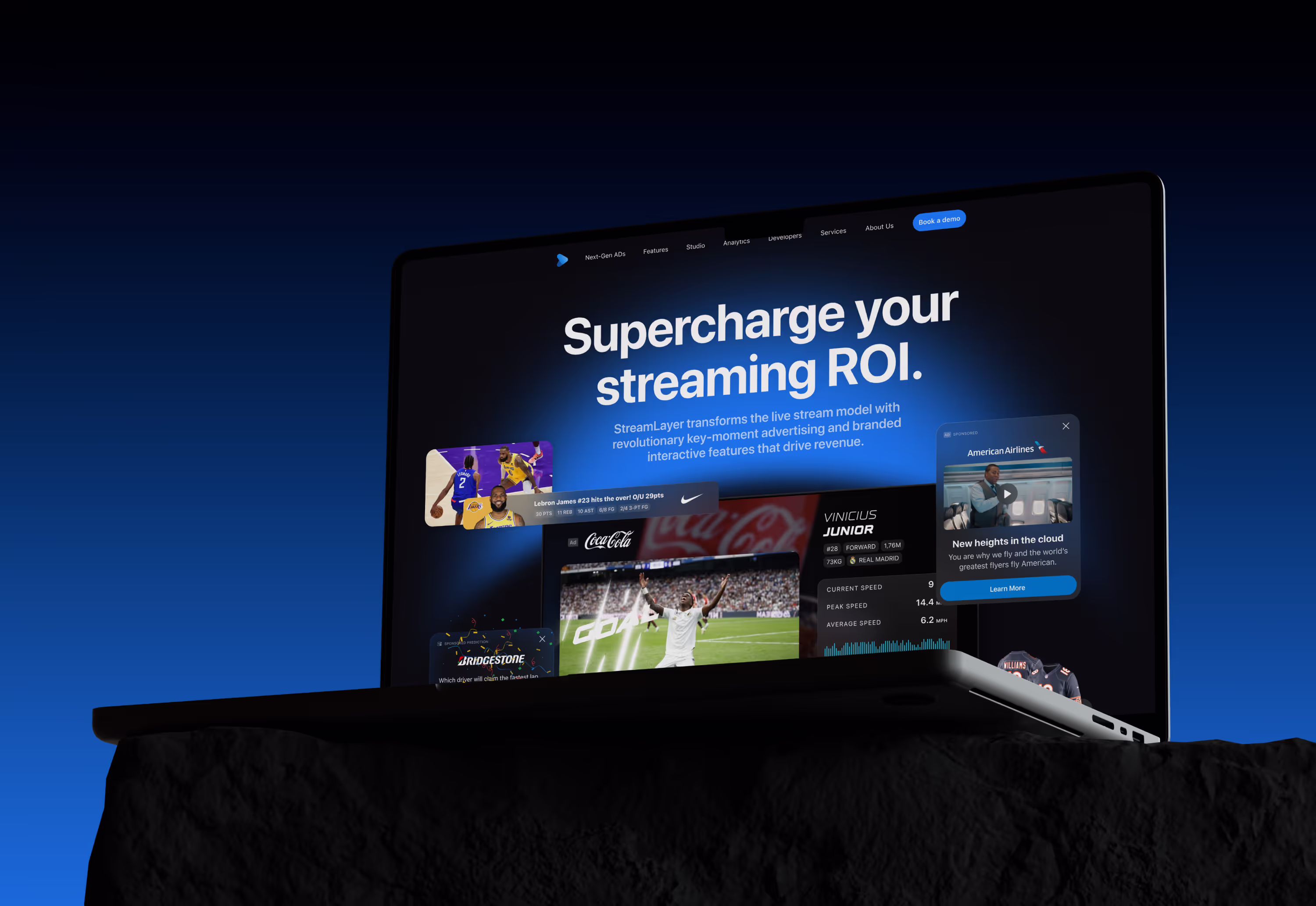 Laptop screen displaying a webpage with the headline 'Supercharge your streaming ROI' and interactive sports and advertising content overlays.