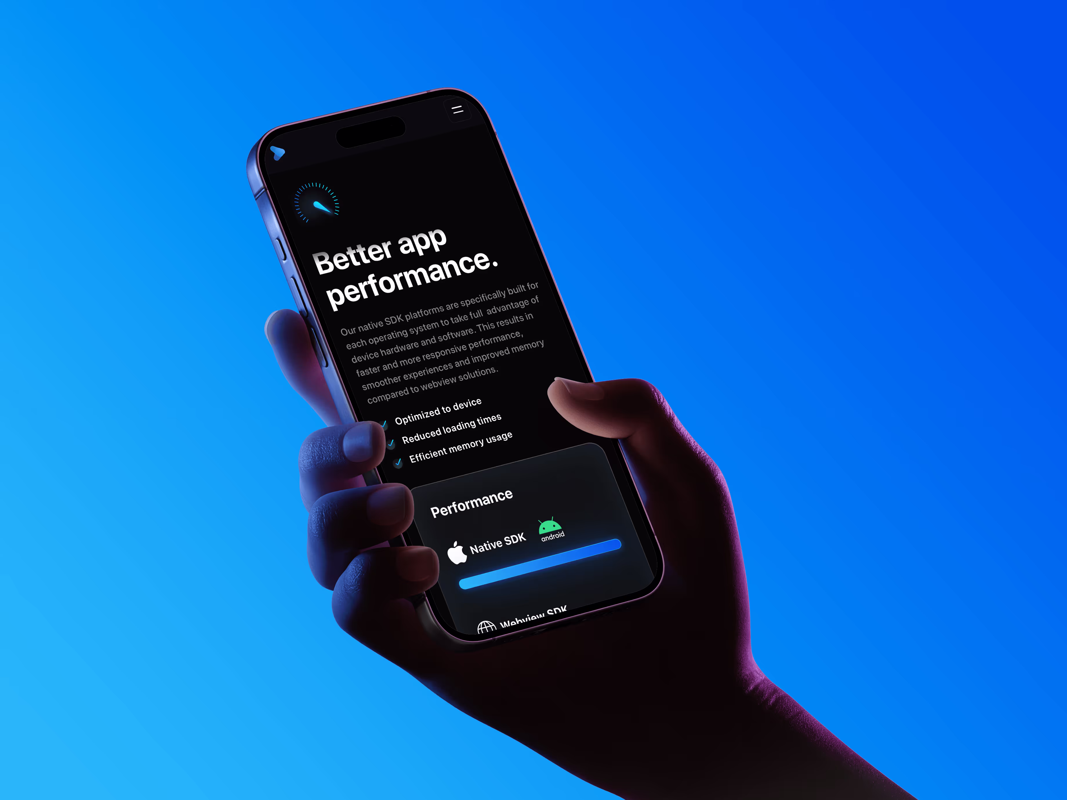 Hand holding a smartphone displaying a screen about better app performance with performance metrics for native SDKs.