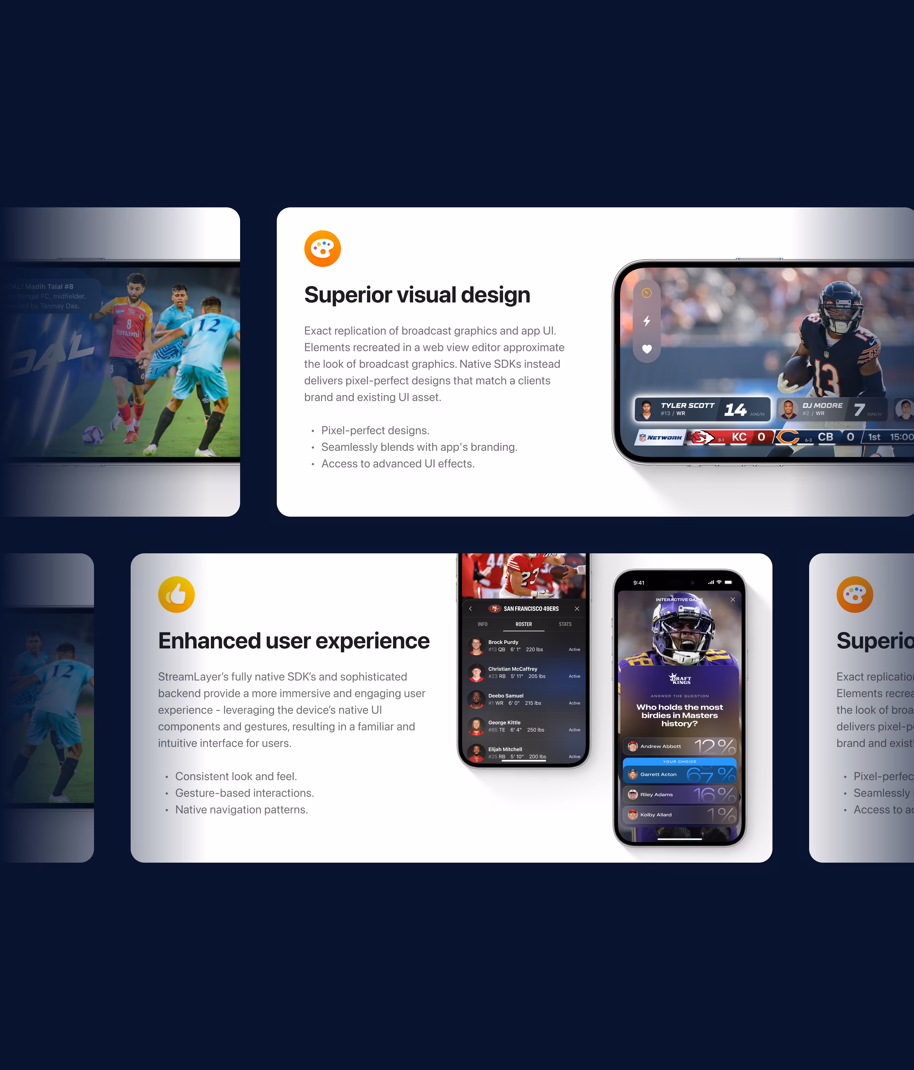 Two rectangular panels on a dark background showing app features with sports-themed phone screens and text highlighting superior visual design and enhanced user experience.