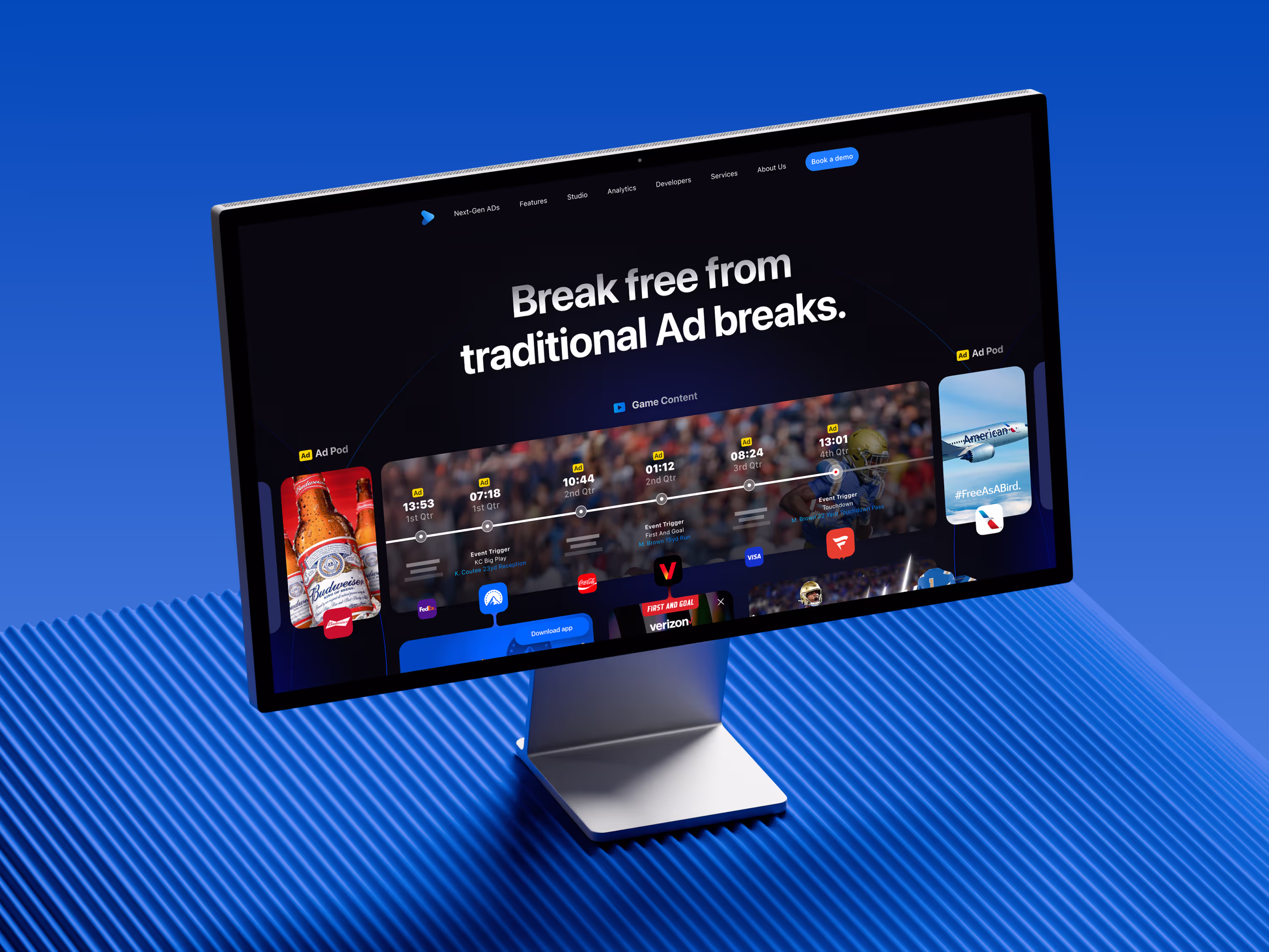 Computer monitor displaying an interactive timeline for breaking free from traditional ad breaks with ad pods and game content triggers.