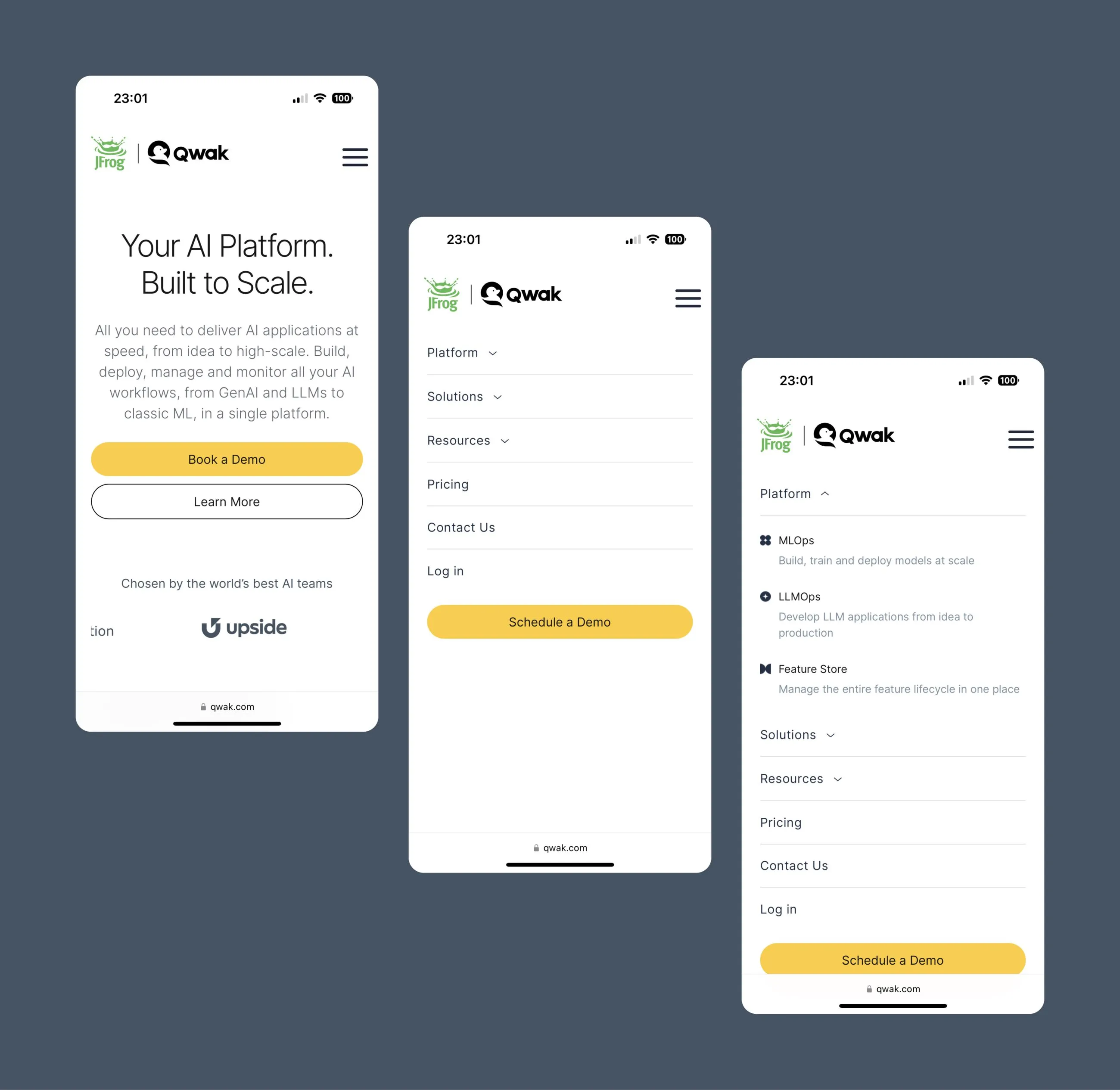 Three mobile screens showing the JFrog Qwak AI platform with homepage, menu with options like Platform, Solutions and Resources, and expanded Platform submenu listing MLOps, LLMOps, and Feature Store.