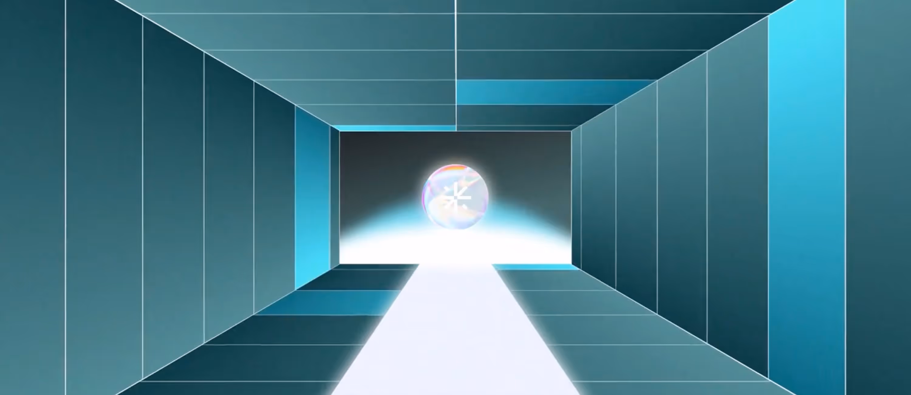 Futuristic tunnel with teal panels and a glowing orb emitting light at the far end.