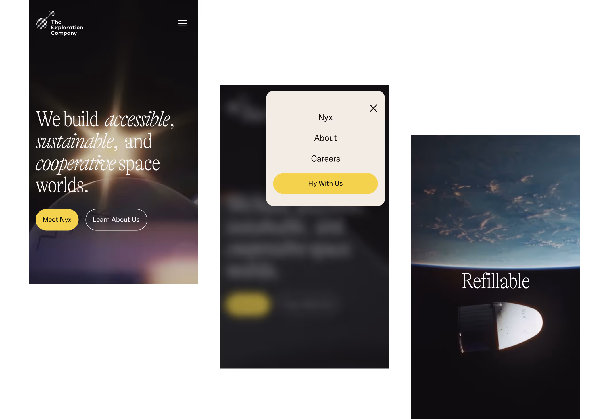 Mobile screens of The Exploration Company website displaying space-themed design with text: We build accessible, sustainable, and cooperative space worlds, navigation menu, and 'Refillable' with a spacecraft near Earth.