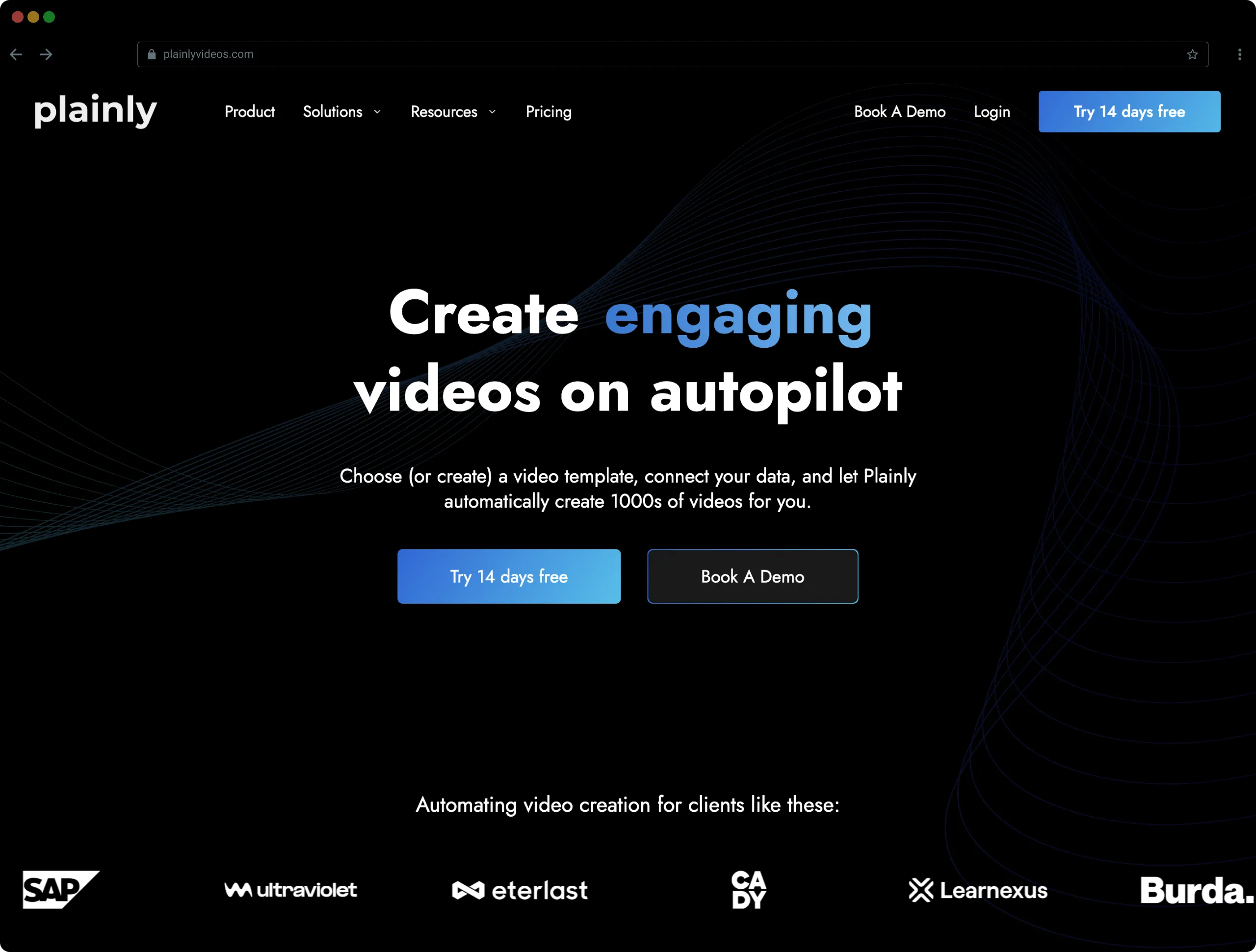 Plainly website homepage offering automated video creation with buttons for trying 14 days free and booking a demo, featuring client logos at the bottom.