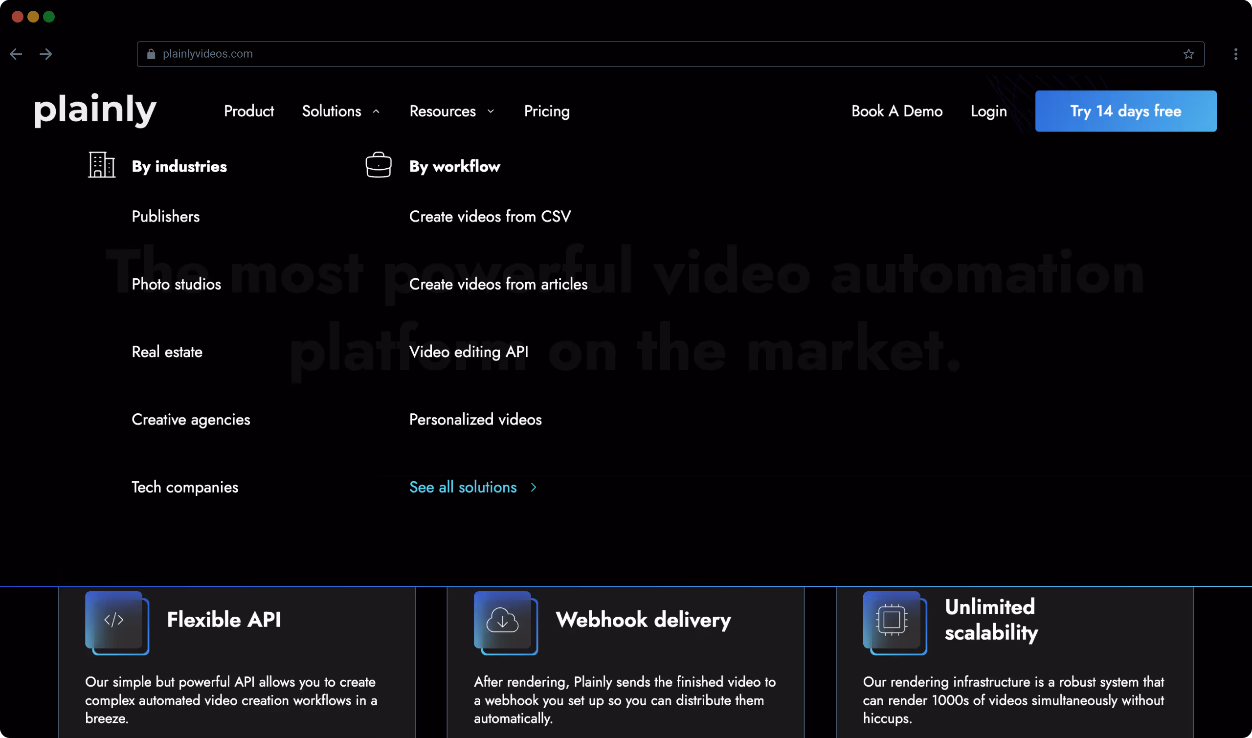 Screenshot of Plainly's website navigation showing product features like Flexible API, Webhook delivery, and Unlimited scalability with options to create videos by industries or workflow.
