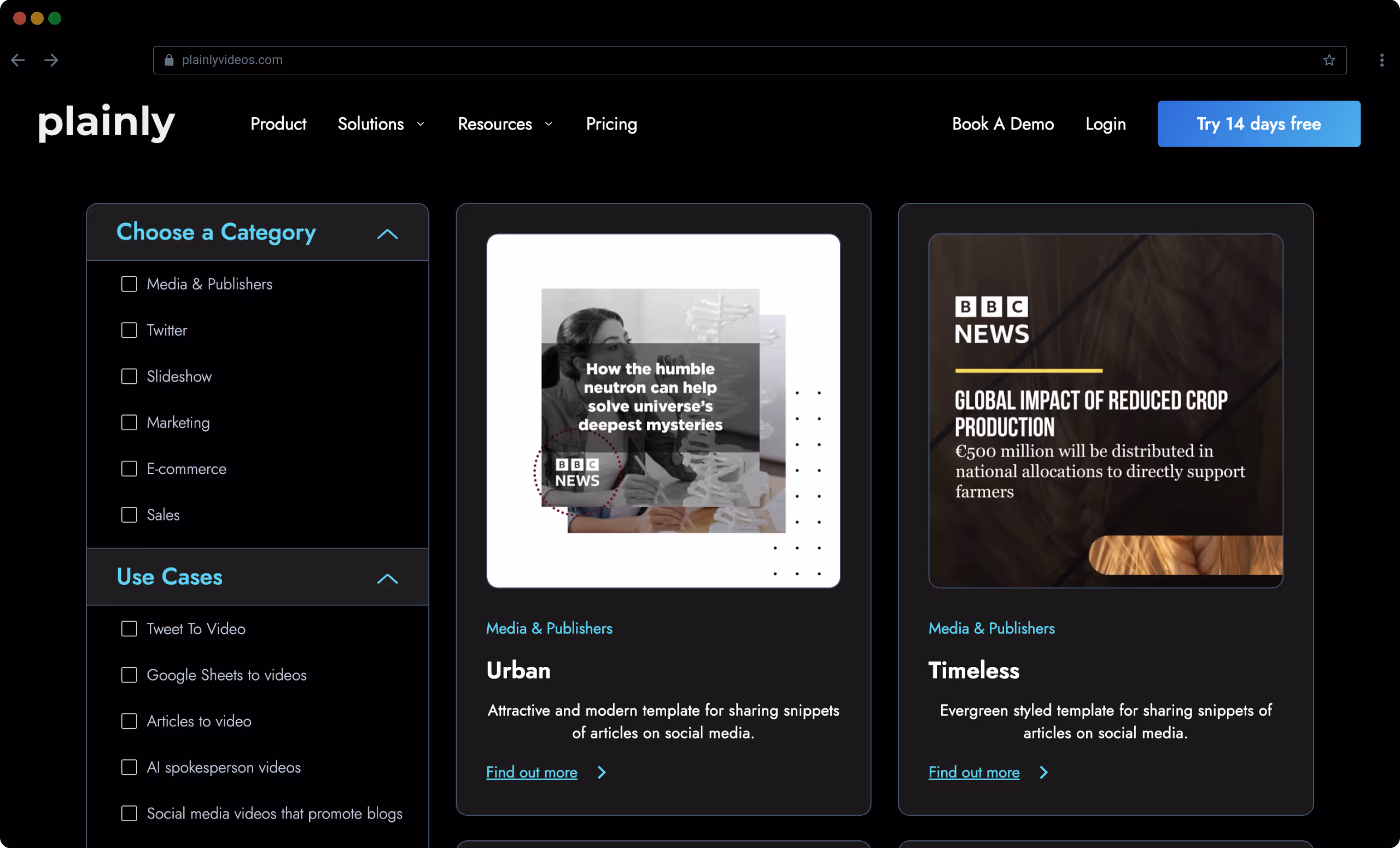 Plainly website interface showing category filters, use cases, and video template options named Urban and Timeless for sharing social media article snippets.