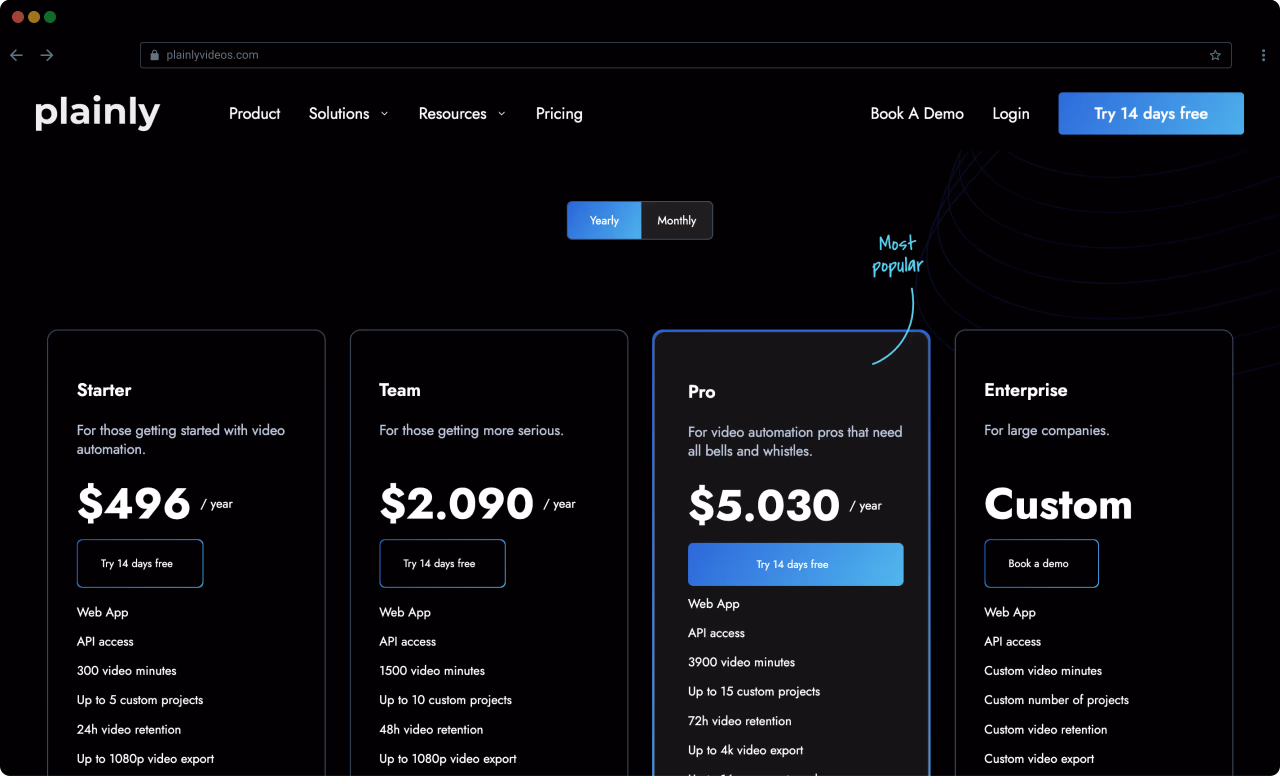 Pricing table for Plainly video automation with Starter, Team, Pro, and Enterprise plans, highlighting the Pro plan as most popular.