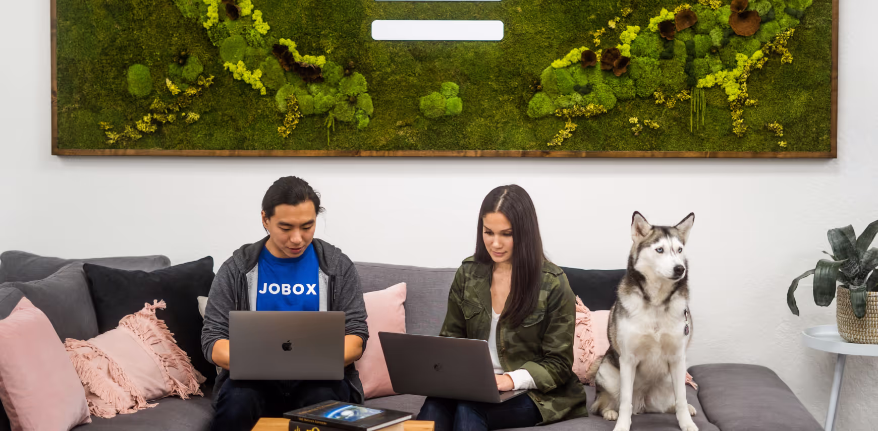 Two people sitting on a gray couch working on laptops with a husky dog beside them and a green moss wall art above.