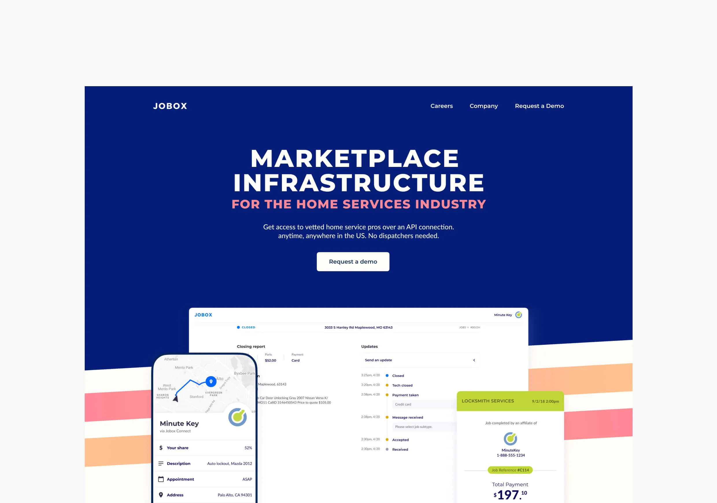 Website homepage for JOBOX featuring marketplace infrastructure for home services with a demo request button and screenshots of job tracking and payment details.