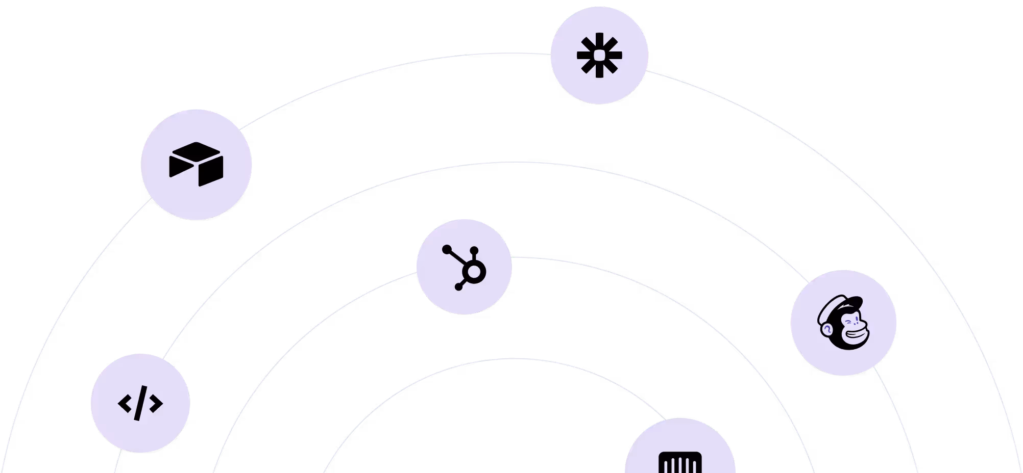 Circular arrangement of icons representing software and web tools including Mailchimp, HubSpot, Airtable, and others on a transparent background.