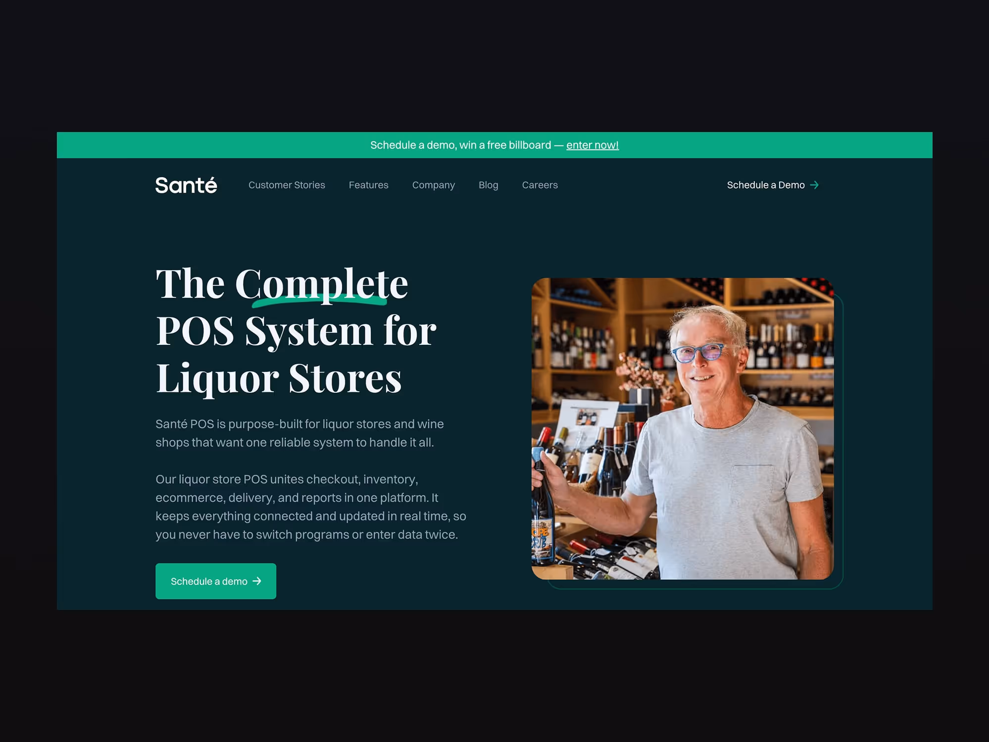 Smiling older man holding a bottle in a liquor store with shelves of wine bottles behind him, next to text promoting a complete POS system for liquor stores.