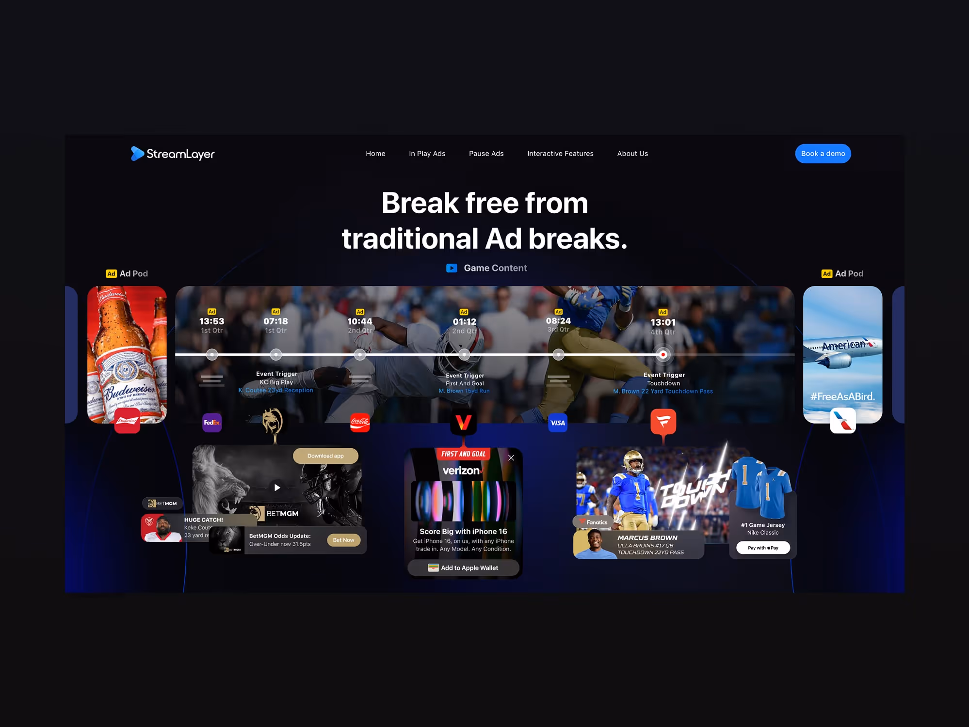 StreamLayer interface showing an interactive sports video player with multiple timed ad pods and event triggers for football game moments.