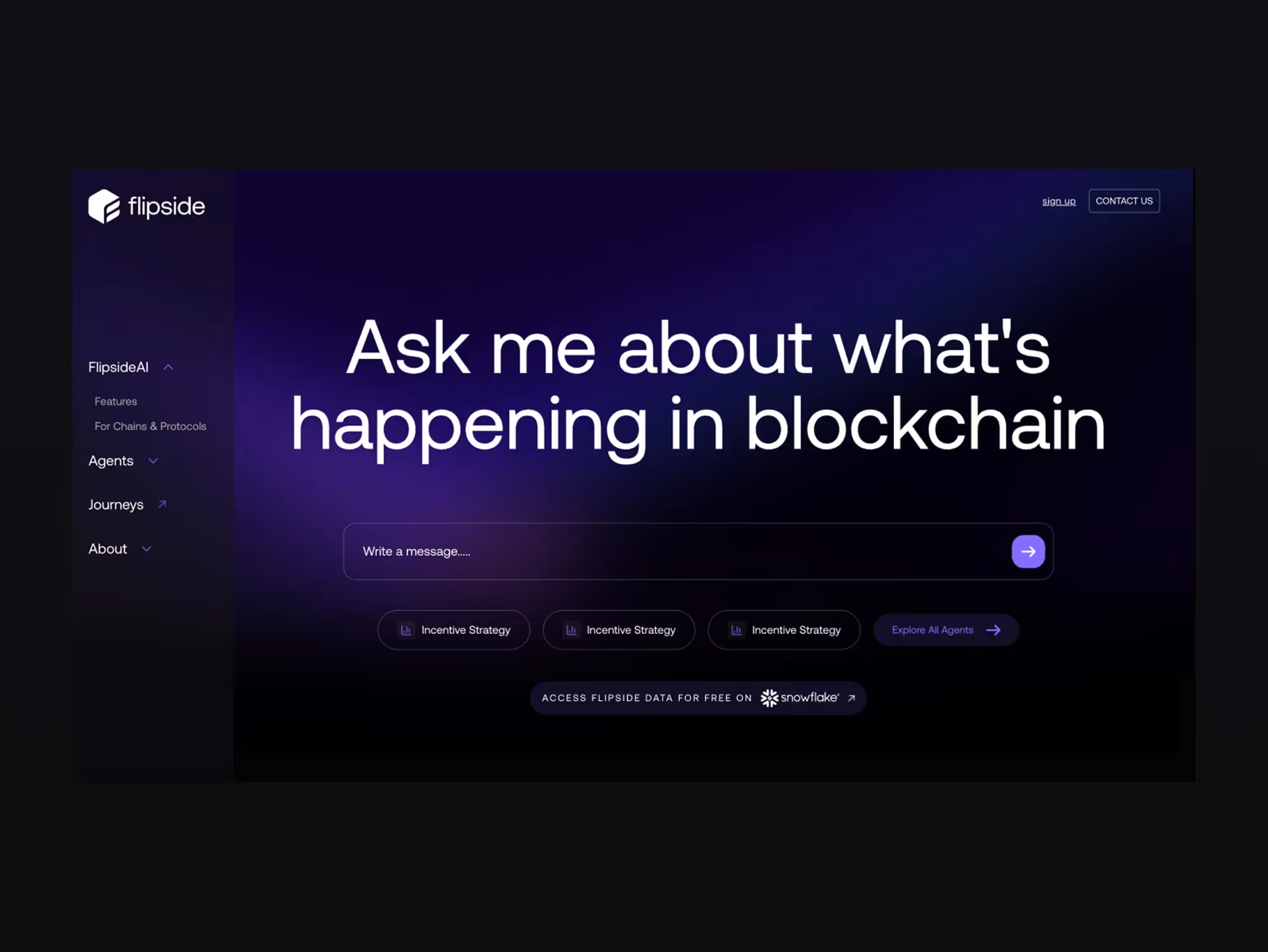 Flipside AI interface with prompt saying 'Ask me about what's happening in blockchain' and input field to write a message.