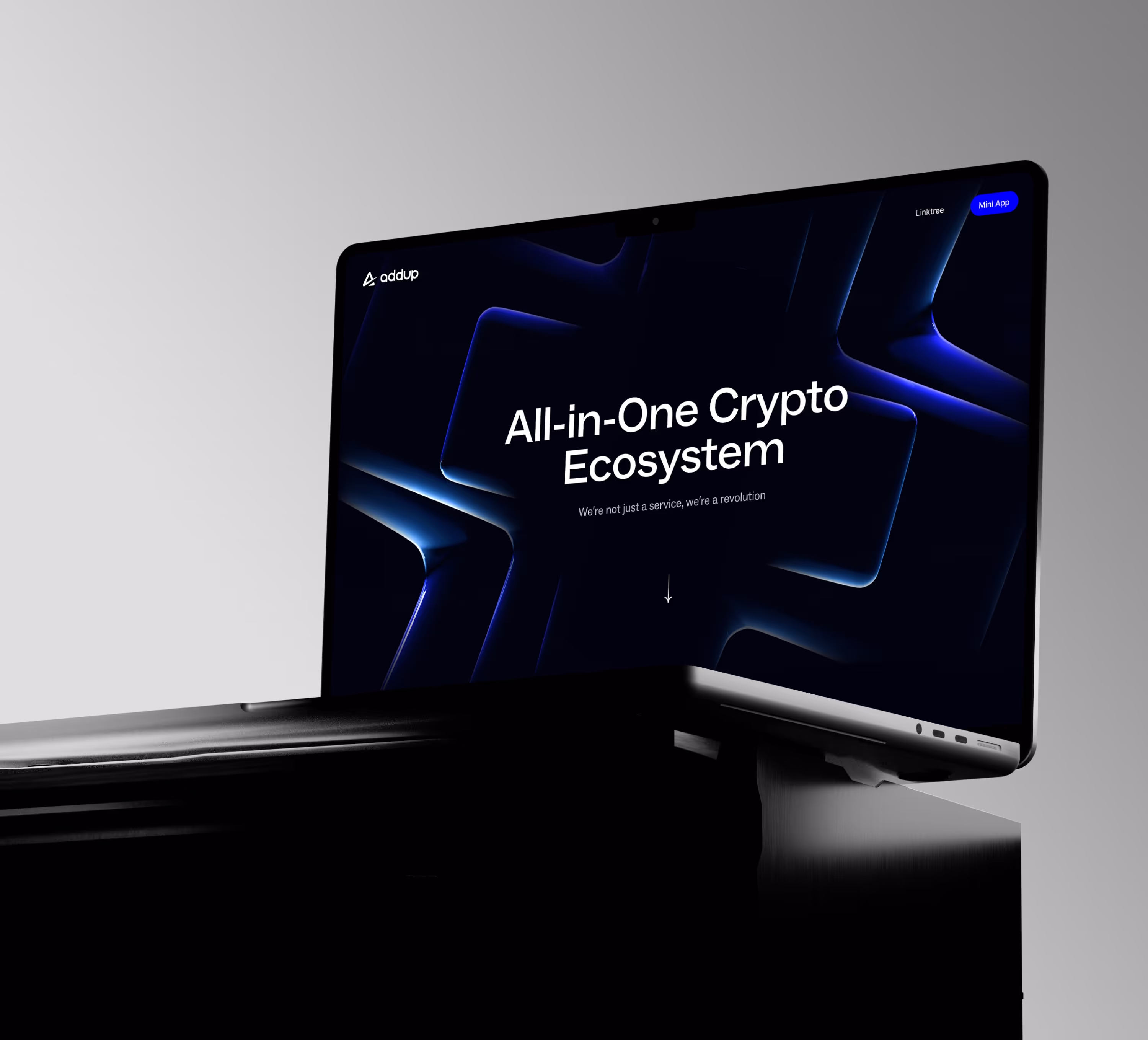 Laptop screen displaying 'All-in-One Crypto Ecosystem' with a dark abstract background and addup logo.