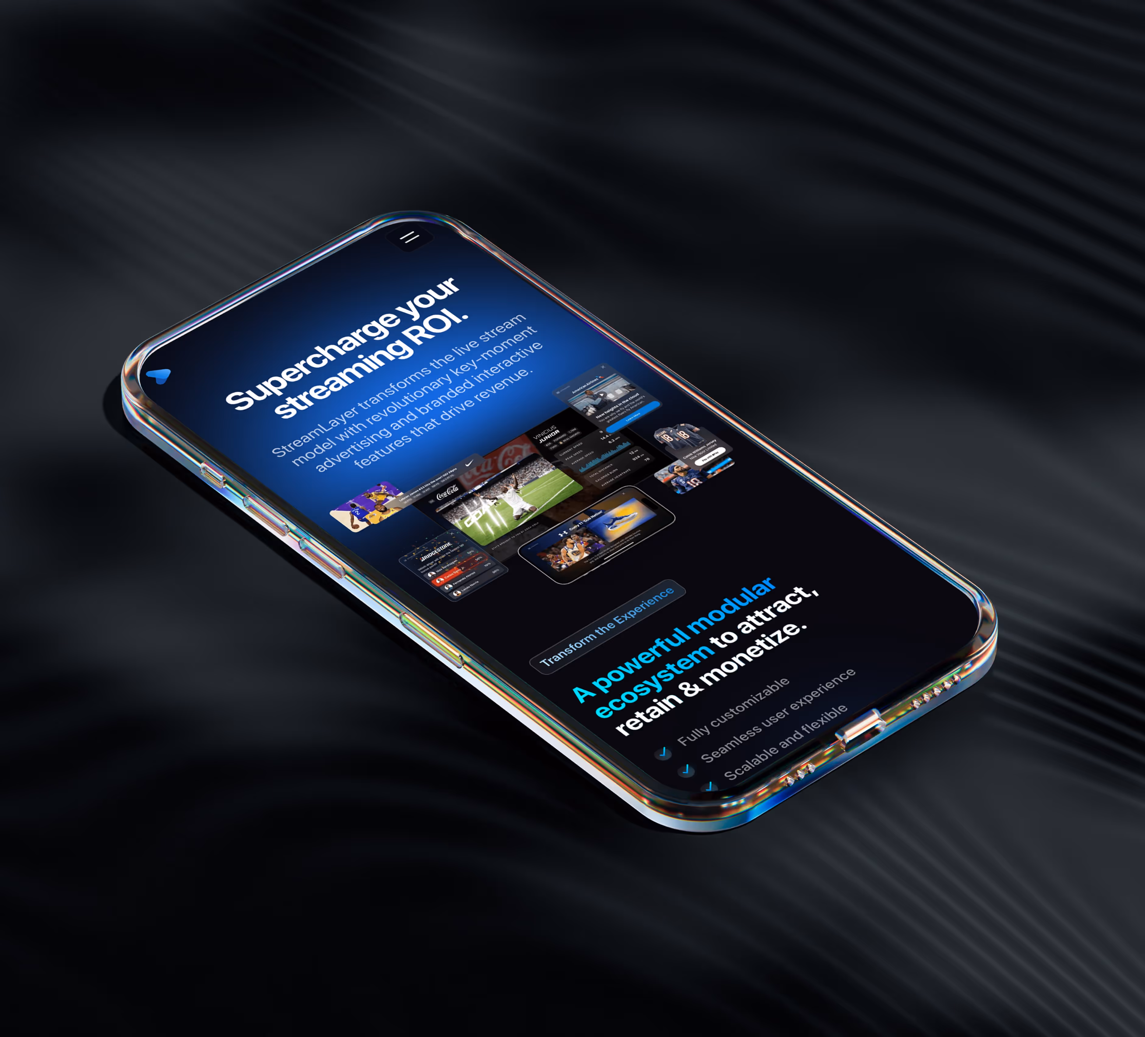 Smartphone displaying a streaming platform interface promoting a modular ecosystem to enhance streaming ROI with interactive branded features.