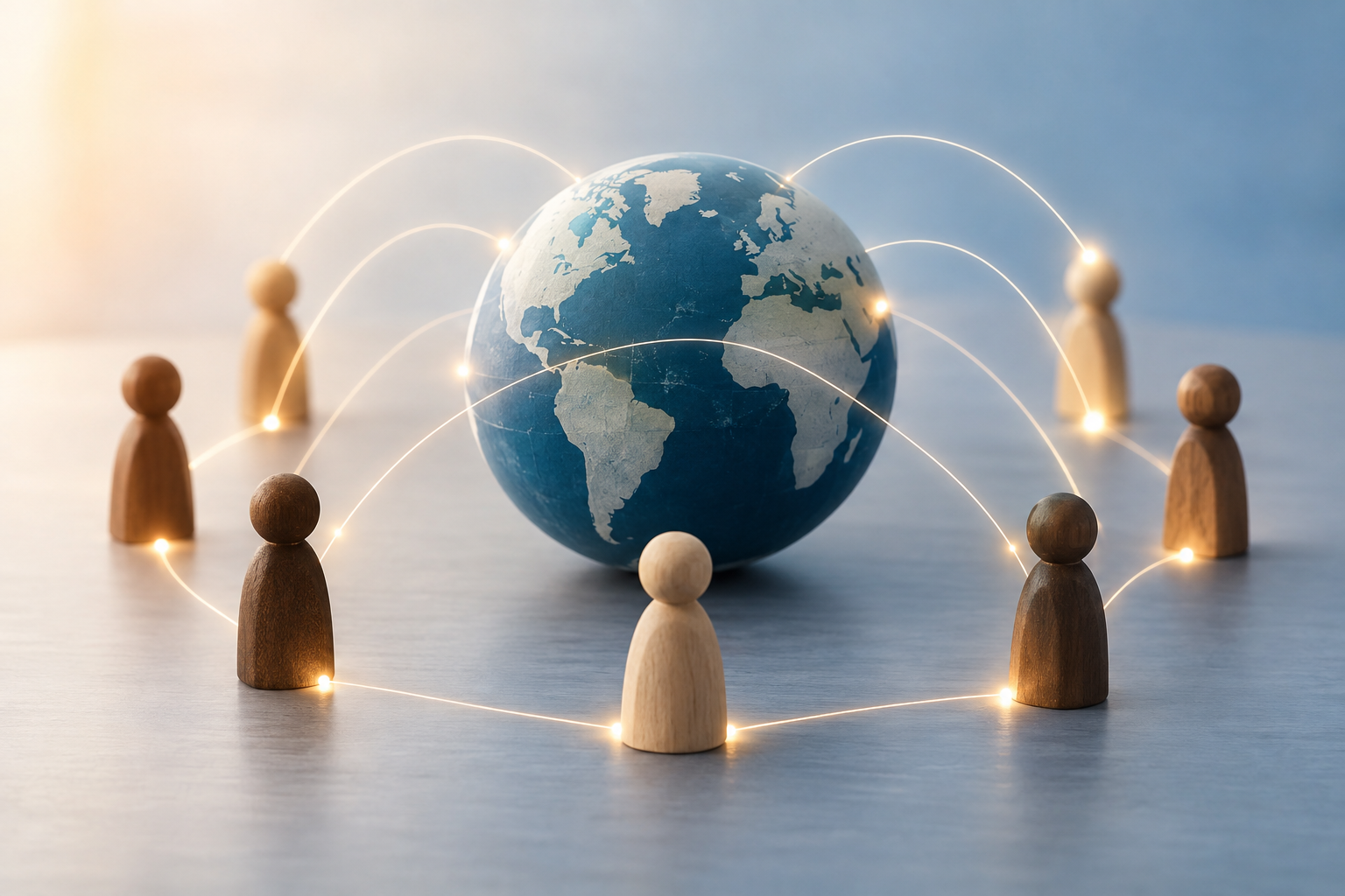 Wooden figures connected by glowing lines around a globe, symbolizing belonging and community across distributed teams.
