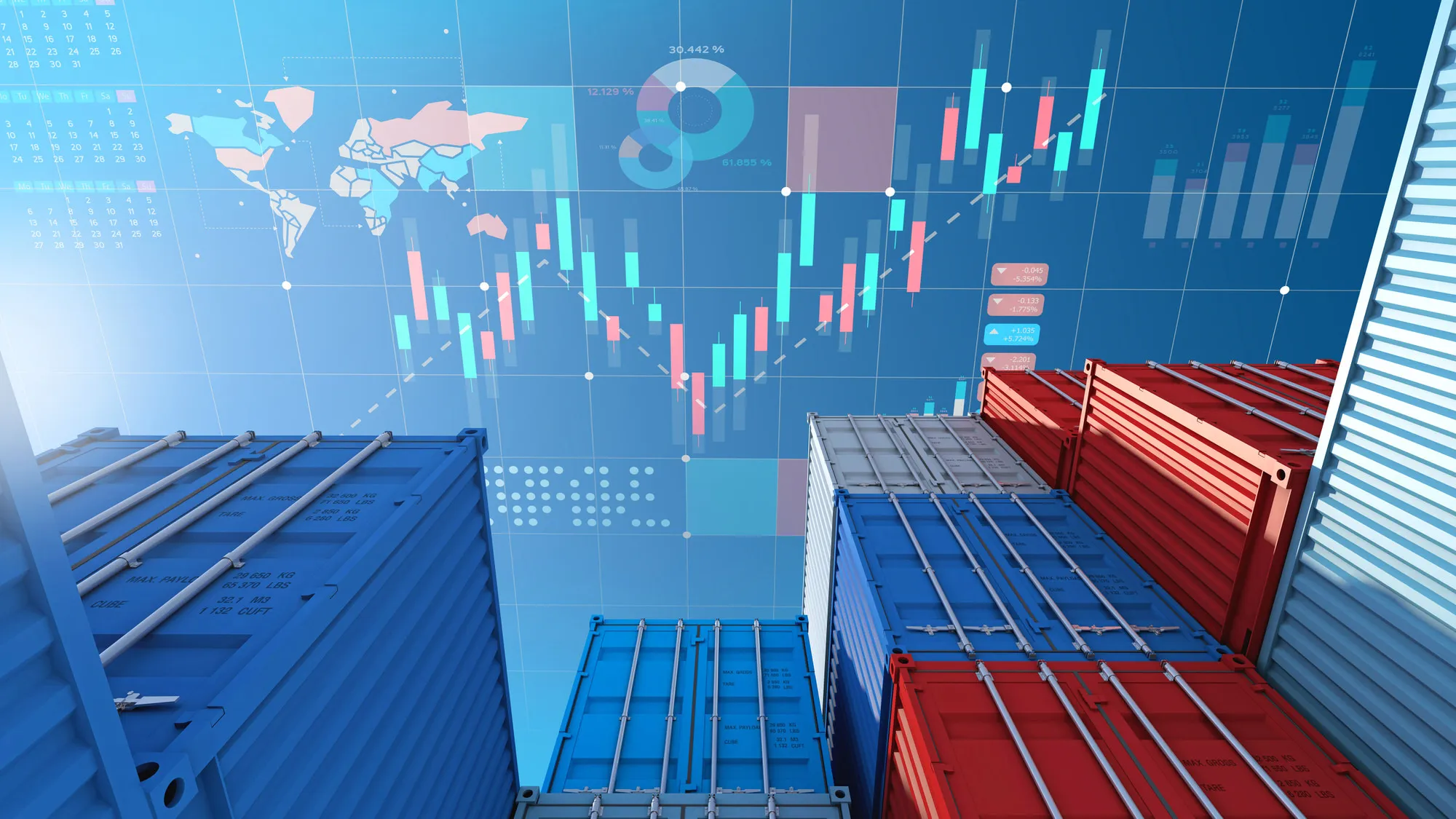 View from below of red and blue freight containers in front of a digital diagram with world map and financial data.