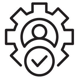 Icon of a person inside a gear with a checkmark symbol below, representing user settings or verified user.
