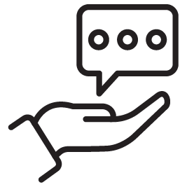 Outline of a hand holding a speech bubble with three dots representing communication.