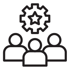 Icon of three people in front of a gear with a star inside, representing team expertise or skilled collaboration.