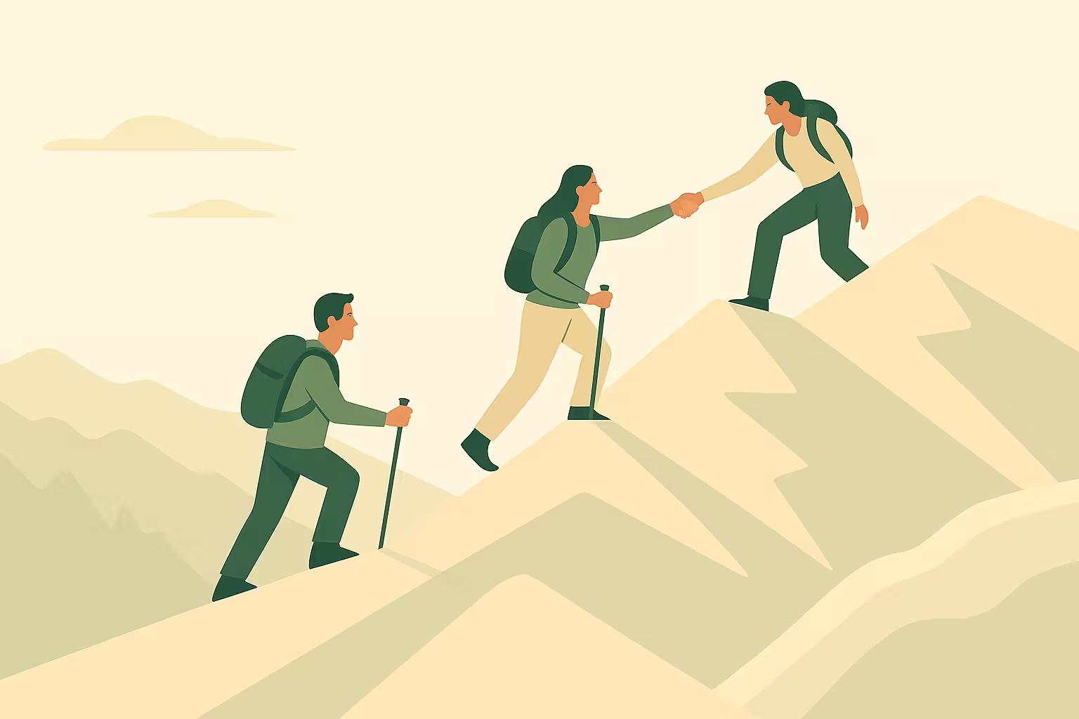 Dessin de trois randonneurs qui gravissent une montagne, le premier donnant la main au second pour l'aider