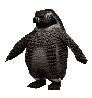 Penguin character model standing upright on a stone platform, looking toward the viewer.