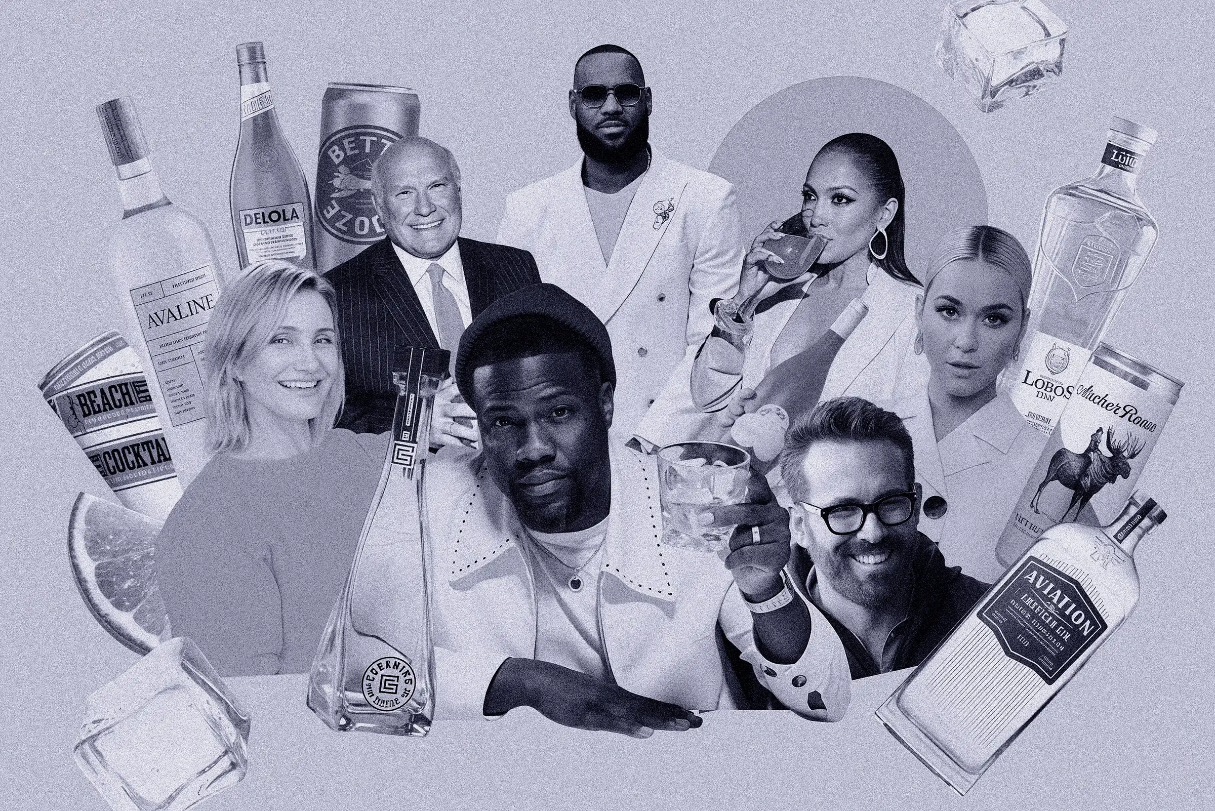 "Collage of well-known celebrities and entrepreneurs dressed in white, each holding or posing with branded alcoholic beverages they endorse or co-own."