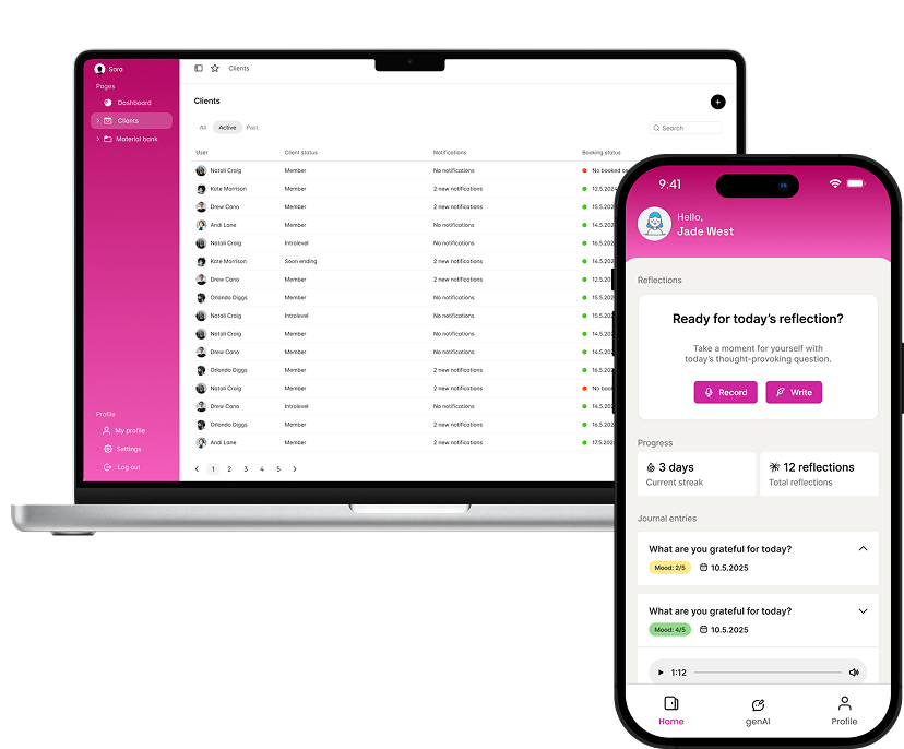 Laptop displaying a client management dashboard with user details and booking status next to a smartphone showing a self-reflection app screen with prompts, progress tracking, and journal entries.