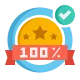 Gold medal with a blue ribbon and a red banner displaying '100%' alongside a green checkmark.