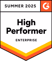 G2 High Performer Enterprise badge for Summer 2025 with red and orange gradient borders.