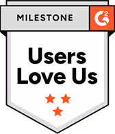 Milestone badge from G2 with the text 'Users Love Us' and three red stars below.