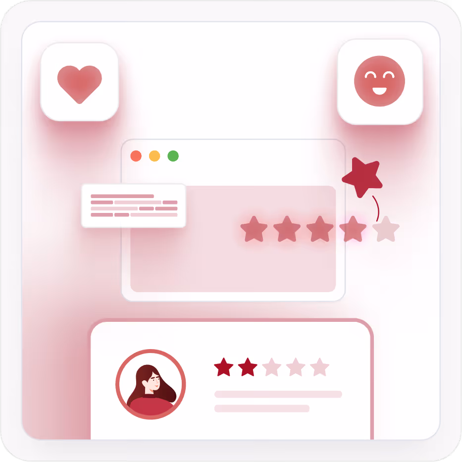 Digital rating interface showing a 3.5-star rating being highlighted, a 2-star user rating, a heart icon, and a smiling face emoji.