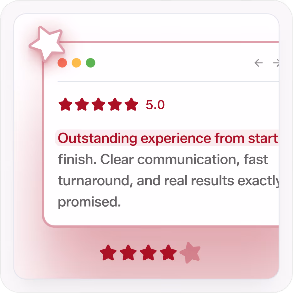Online review showing a 5-star rating with text praising outstanding experience, clear communication, fast turnaround, and promised results.