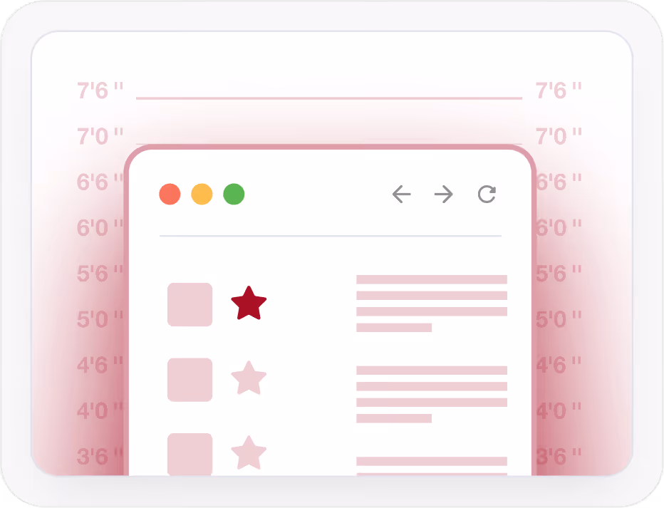 Stylized browser window with a list featuring one dark red star rating and two light pink star ratings, set against a pink height chart background.