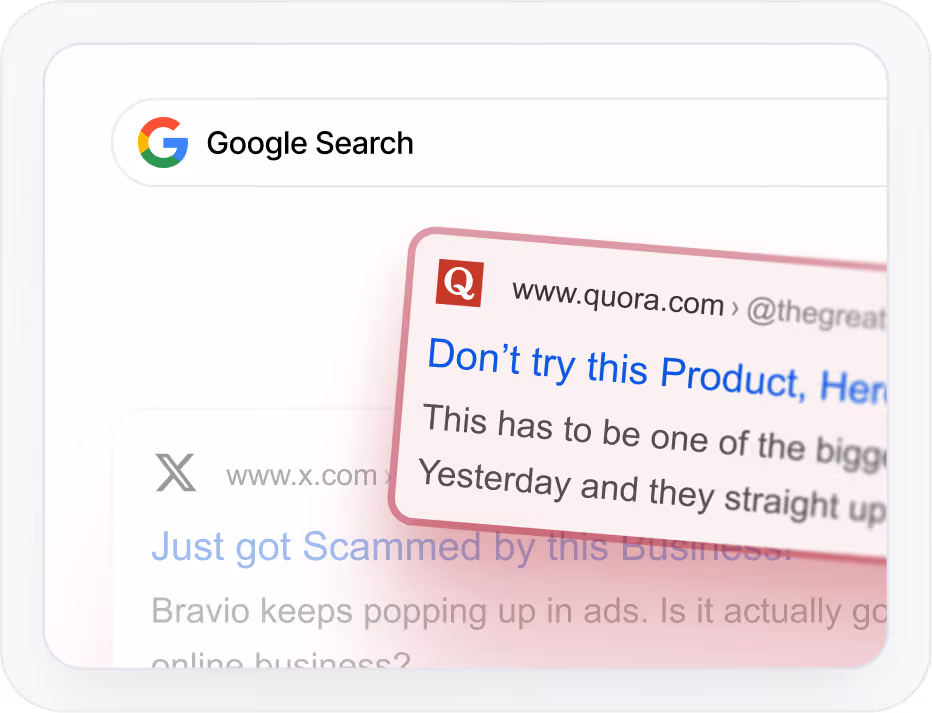 Google Search results page showing a highlighted Quora post warning against trying a product, mentioning a scam experience and ads popping up online.