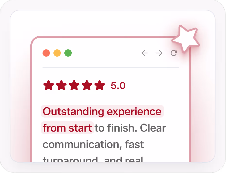 Browser window displaying a 5-star rating with a 5.0 score and a highlighted customer review praising an outstanding experience from start to finish.