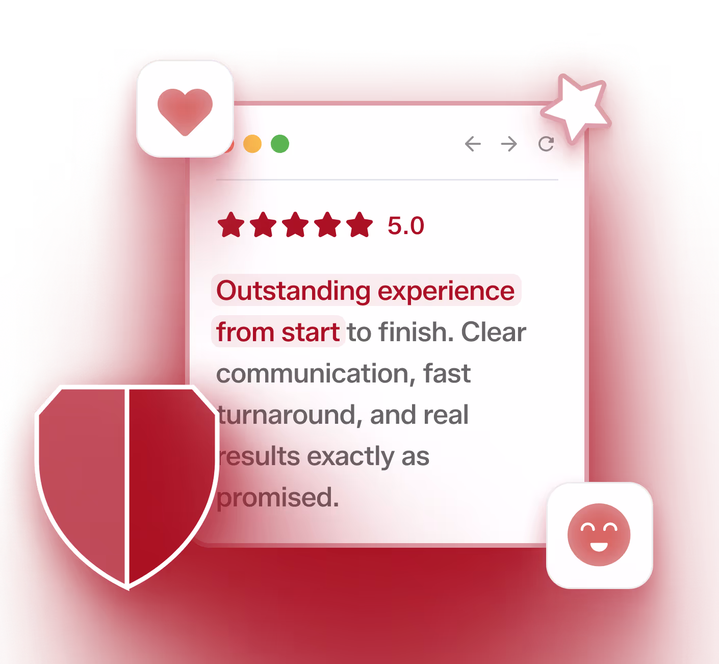 Browser window displaying a 5-star review rating and text: 'Outstanding experience from start to finish. Clear communication, fast turnaround, and real results exactly as promised.'