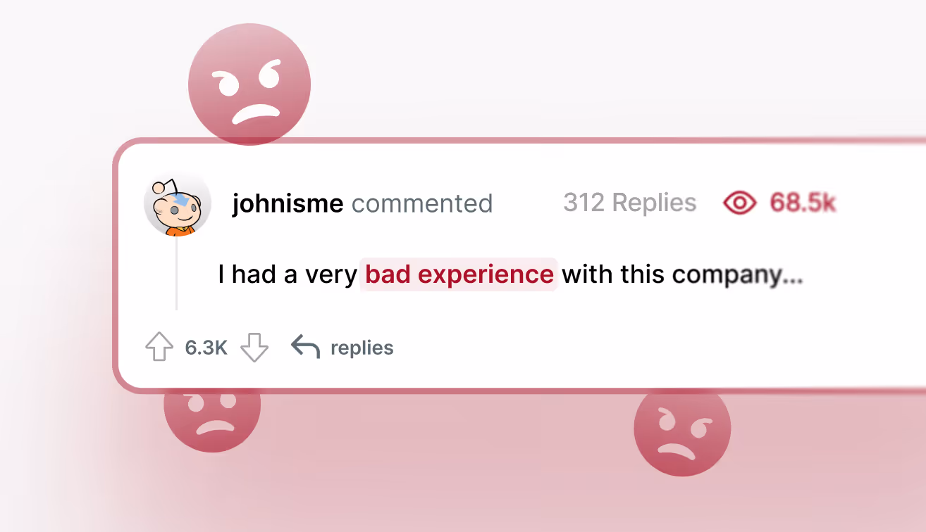Social media comment by user johnisme stating, 'I had a very bad experience with this company...' with 6.3K upvotes, 312 replies, and 68.5k views, surrounded by angry red faces.