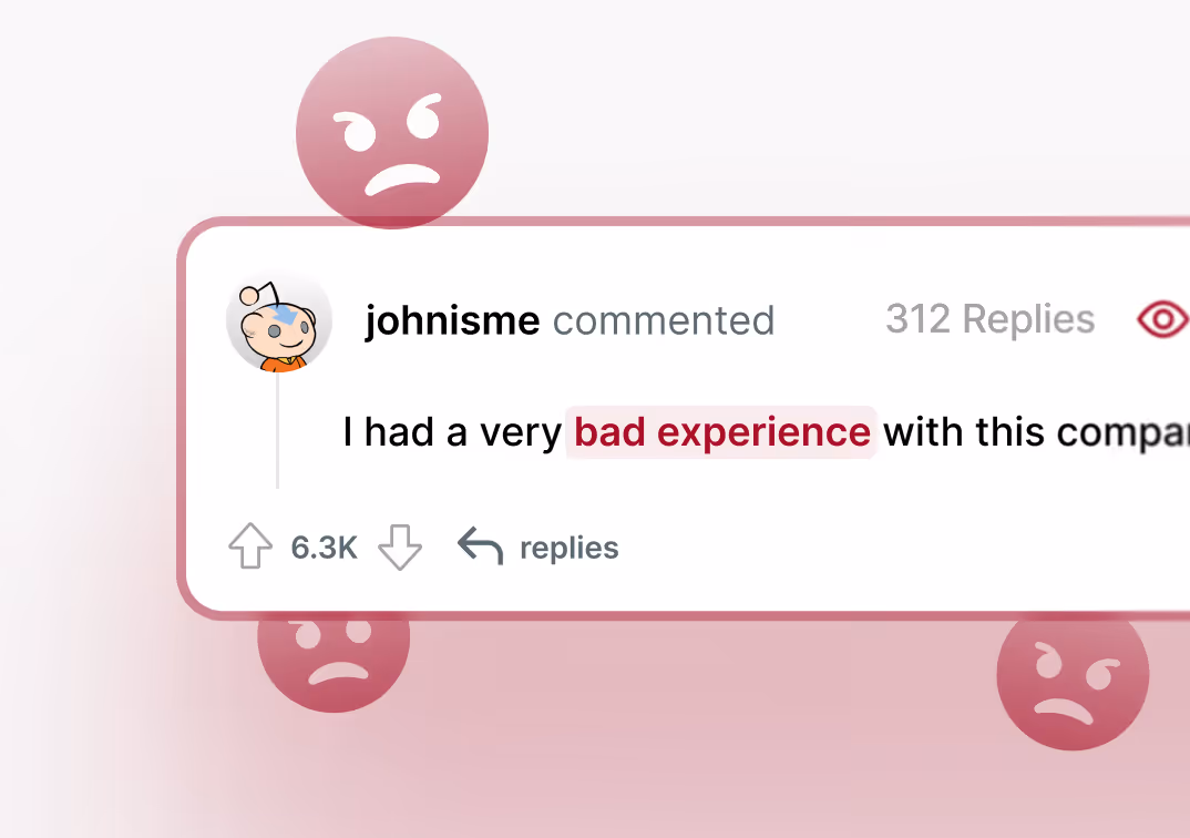 Screenshot of a social media comment by user johnisme stating 'I had a very bad experience' with highlighted words and surrounded by angry red faces emojis.