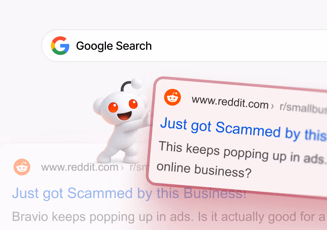 Google Search bar with a Reddit post titled 'Just got Scammed by this Business!' and Reddit mascot holding the post.