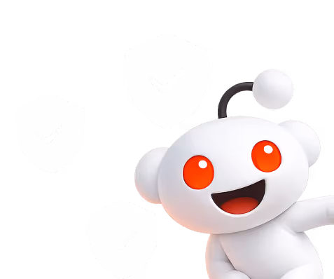 Reddit mascot smiling with three white shield icons featuring black check marks around it.